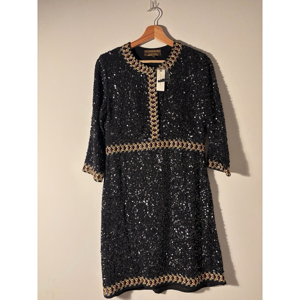 NWT Anthropologie Women's Black Beaded Embroidered Shift Mini Dress Size XS